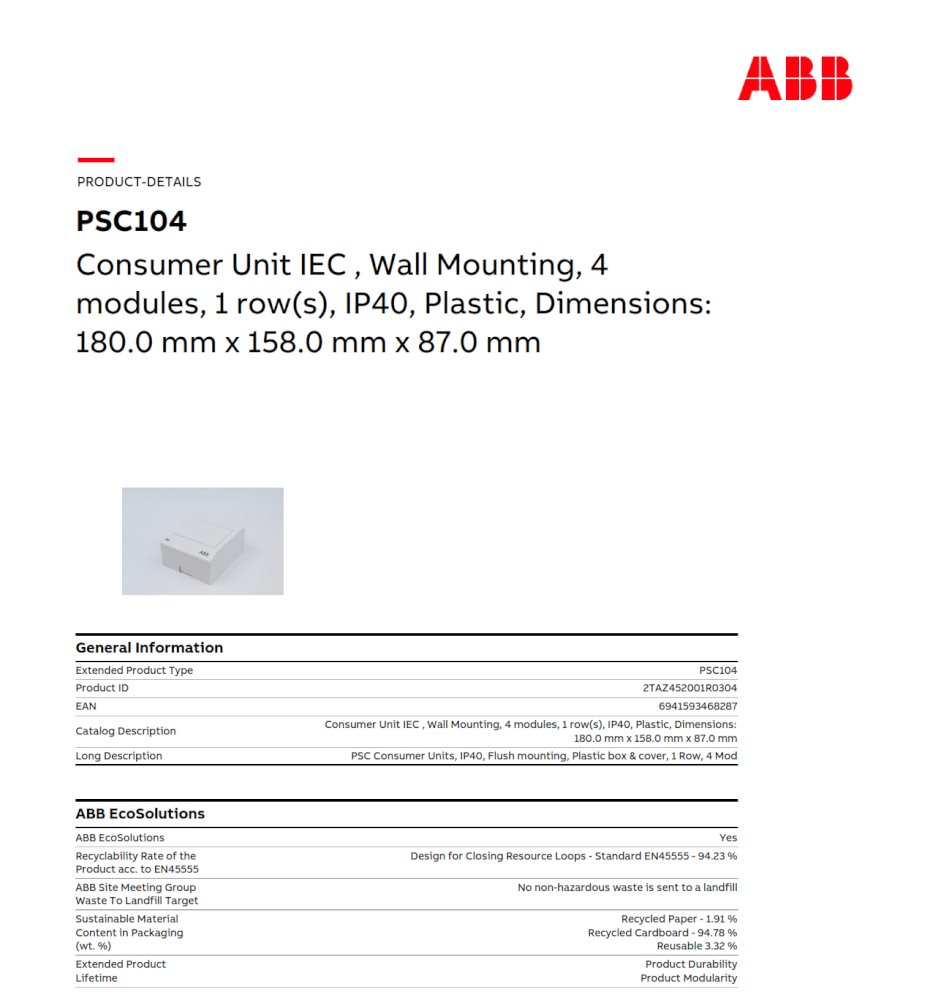 กล่องใส่เบรกเกอร์ 4 ช่อง ABB PSC104 Consumer Unit IEC IP40 Plastic Box & Cover